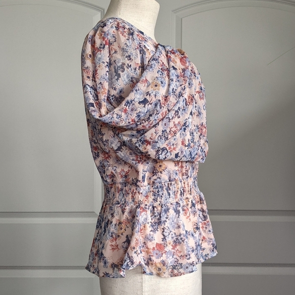 1. State Blouse V-Neck Long Sleeves Sheer Floral Peplum Waist Pink Blues M NWT - Picture 9 of 15